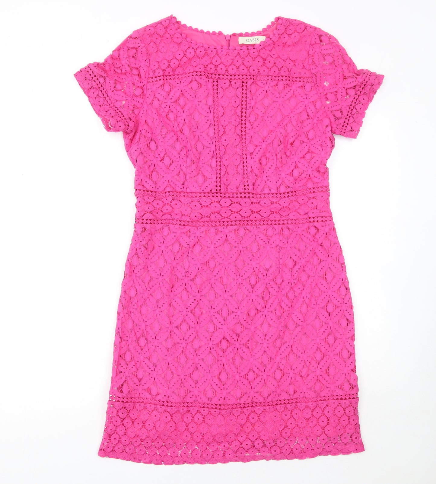 Oasis Women Pink Lace Sheath Dress Size 12 Short Sleeve Knee Length