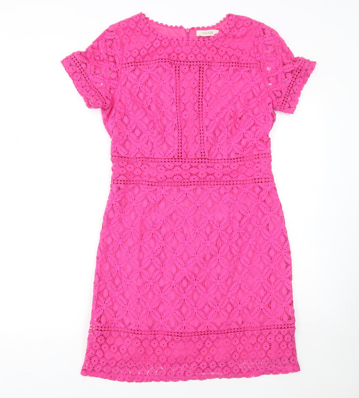 Oasis Women Pink Lace Sheath Dress Size 12 Short Sleeve Knee Length