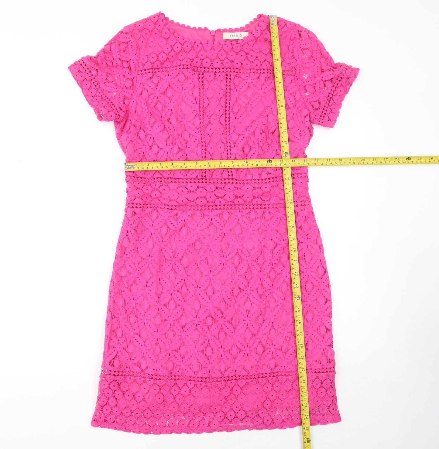 Oasis Women Pink Lace Sheath Dress Size 12 Short Sleeve Knee Length