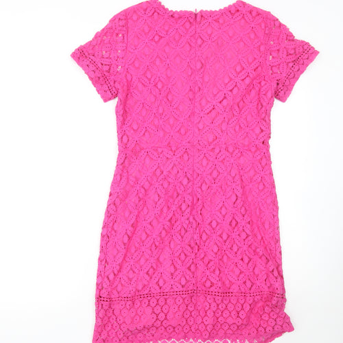 Oasis Women Pink Lace Sheath Dress Size 12 Short Sleeve Knee Length