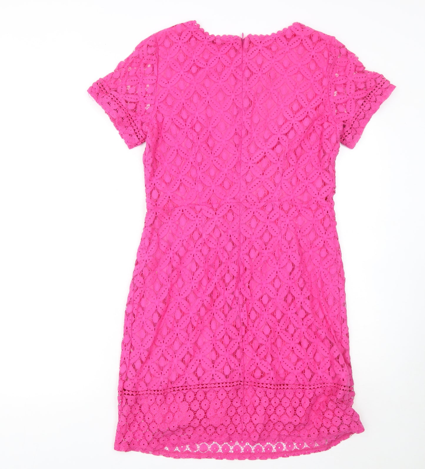 Oasis Women Pink Lace Sheath Dress Size 12 Short Sleeve Knee Length