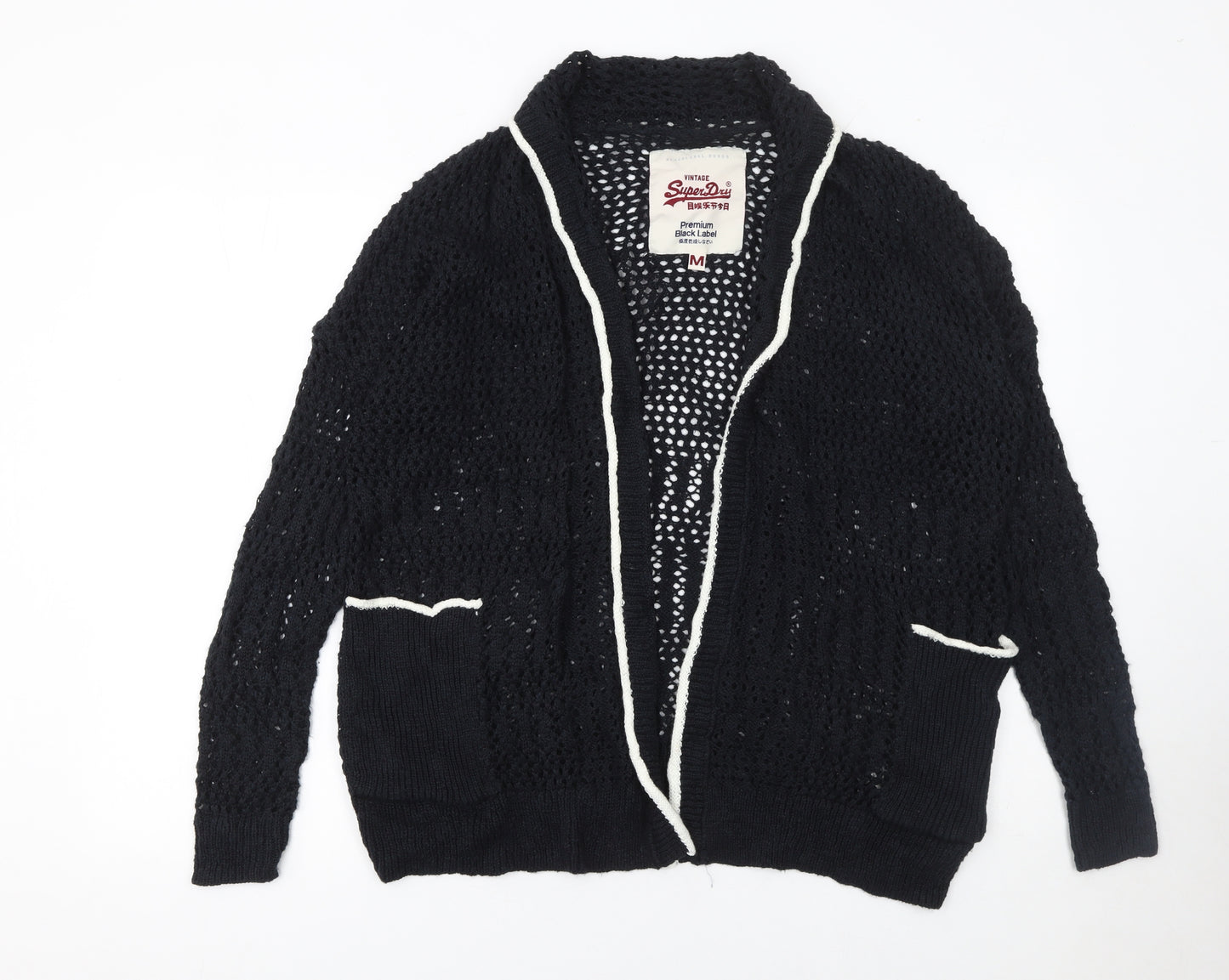 Superdry Women's Black Open-Knit Cardigan M Cotton Blend