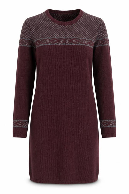 Front view of Sherpa Women's Brown Knit Jumper Dress, size M, Long Sleeve Wool Blend