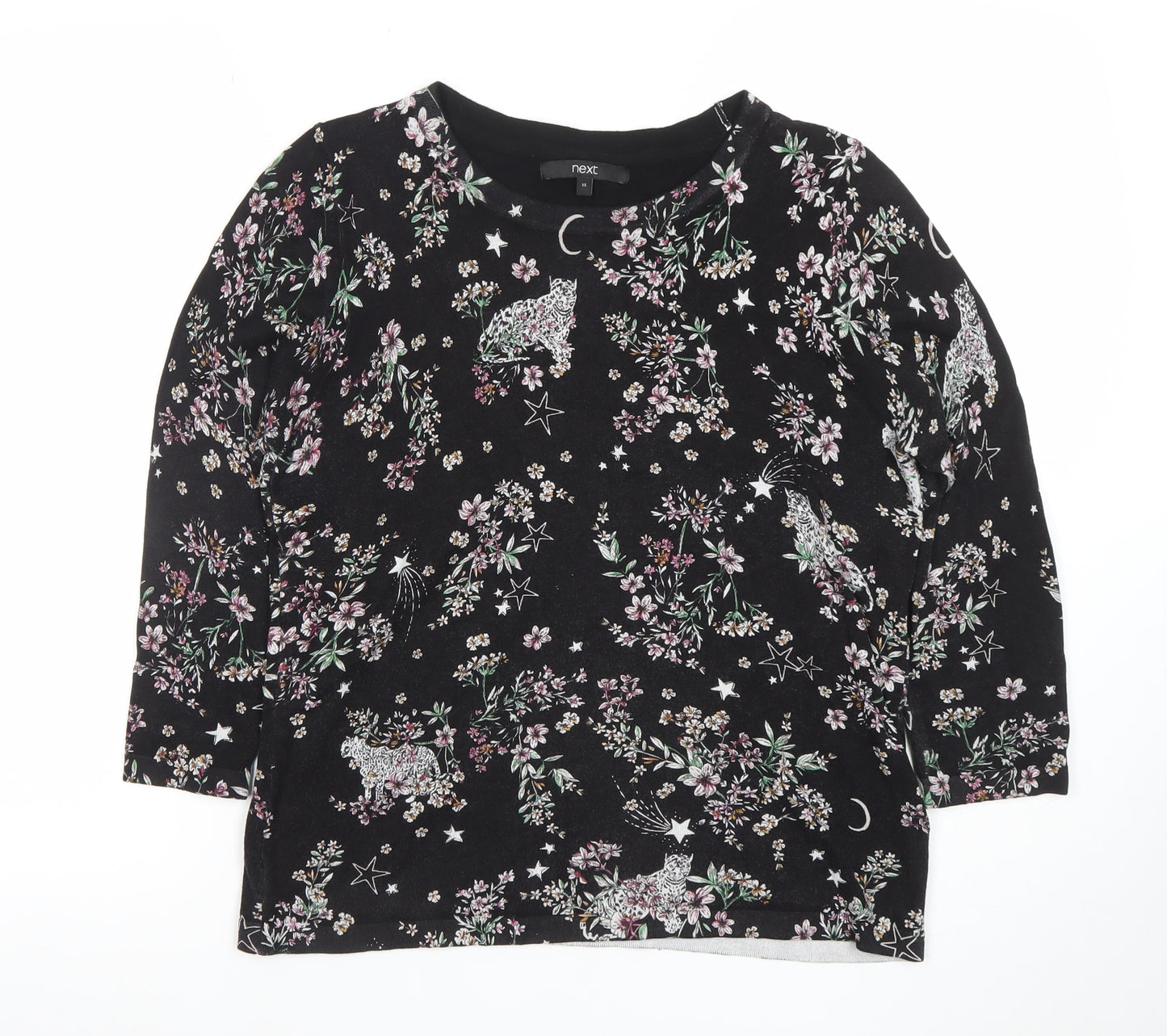 Next Womens Black Floral Animal Print 3/4 Sleeve Jersey T-Shirt Size 14