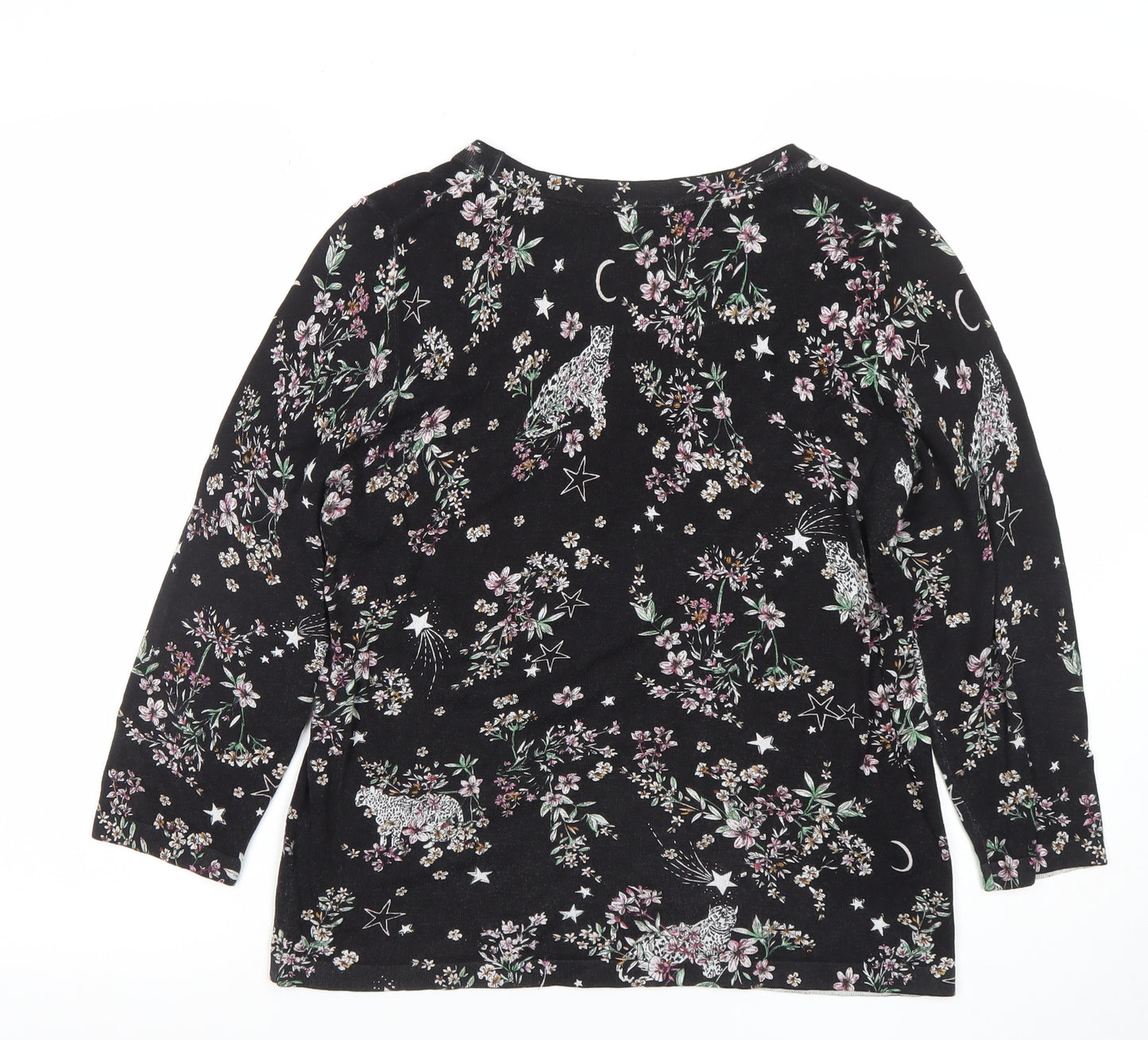 Next Womens Black Floral Animal Print 3/4 Sleeve Jersey T-Shirt Size 14