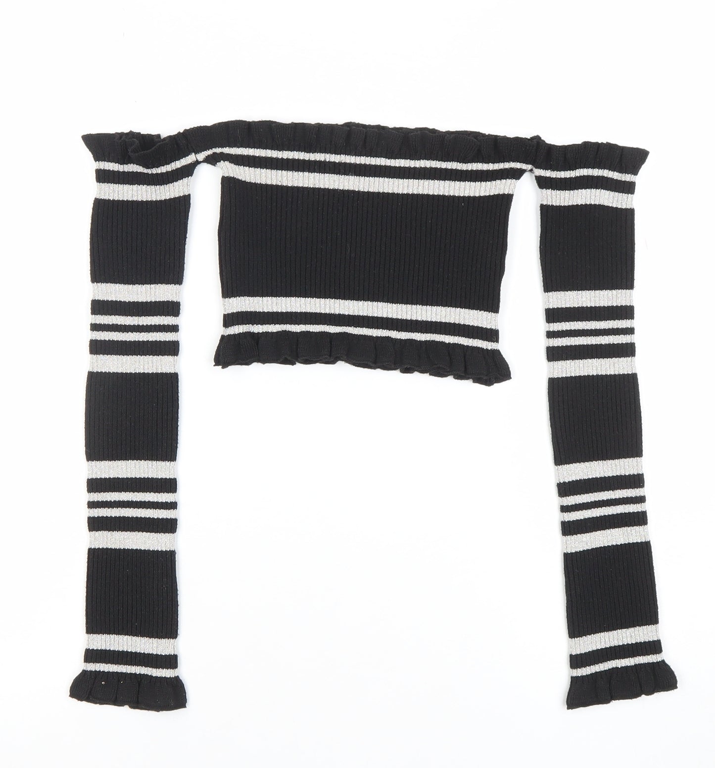 PrettyLittleThing Women’s Black Striped Off Shoulder Cropped Top Size 8