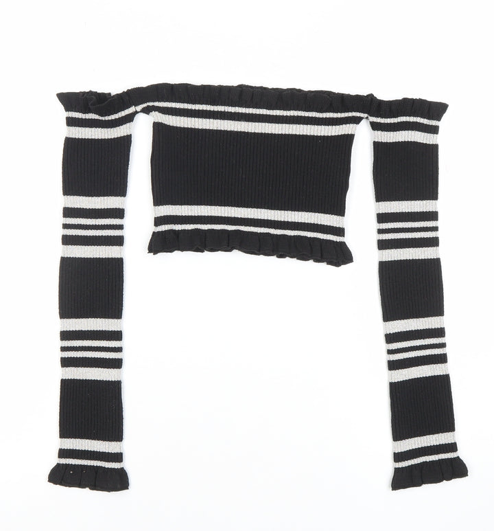 PrettyLittleThing Women’s Black Striped Off Shoulder Cropped Top Size 8