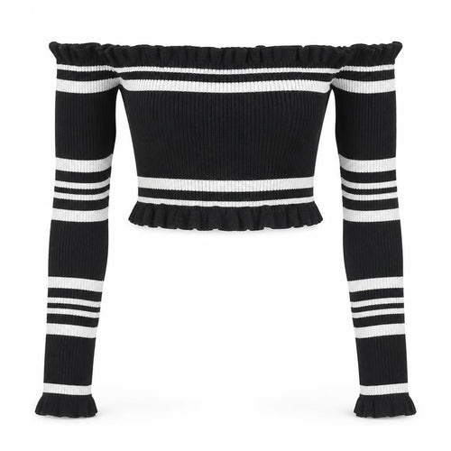 PrettyLittleThing Women’s Black Striped Off Shoulder Cropped Top Size 8
