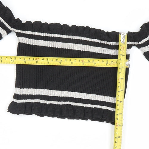 PrettyLittleThing Women’s Black Striped Off Shoulder Cropped Top Size 8