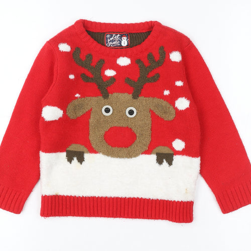Let It Snow Girls Red Reindeer Christmas Pullover Jumper 3-4 Years