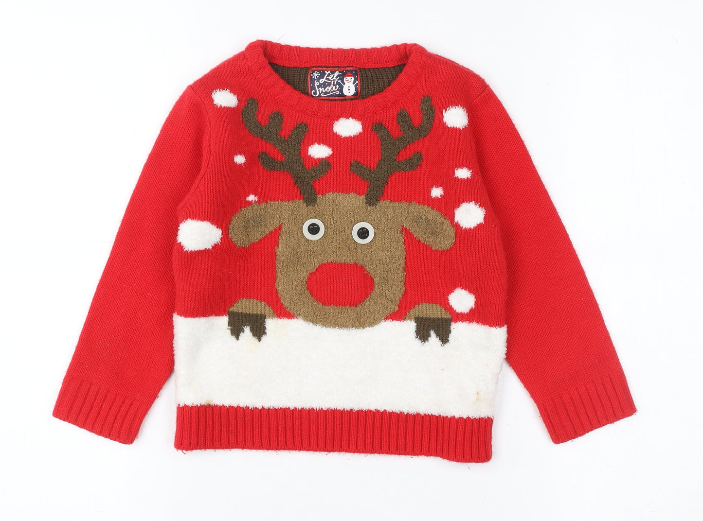 Let It Snow Girls Red Reindeer Christmas Pullover Jumper 3-4 Years