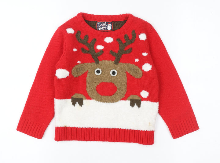 Let It Snow Girls Red Reindeer Christmas Pullover Jumper 3-4 Years