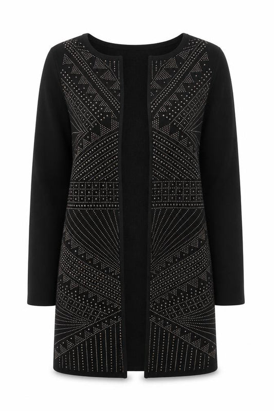 Front view of Quiz Women's Black Geometric Studded Knit Jacket, size L