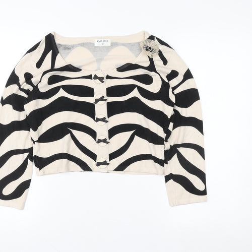 Kaliko Women Beige Black Zebra Print Cardigan Size 12 Scoop Neck