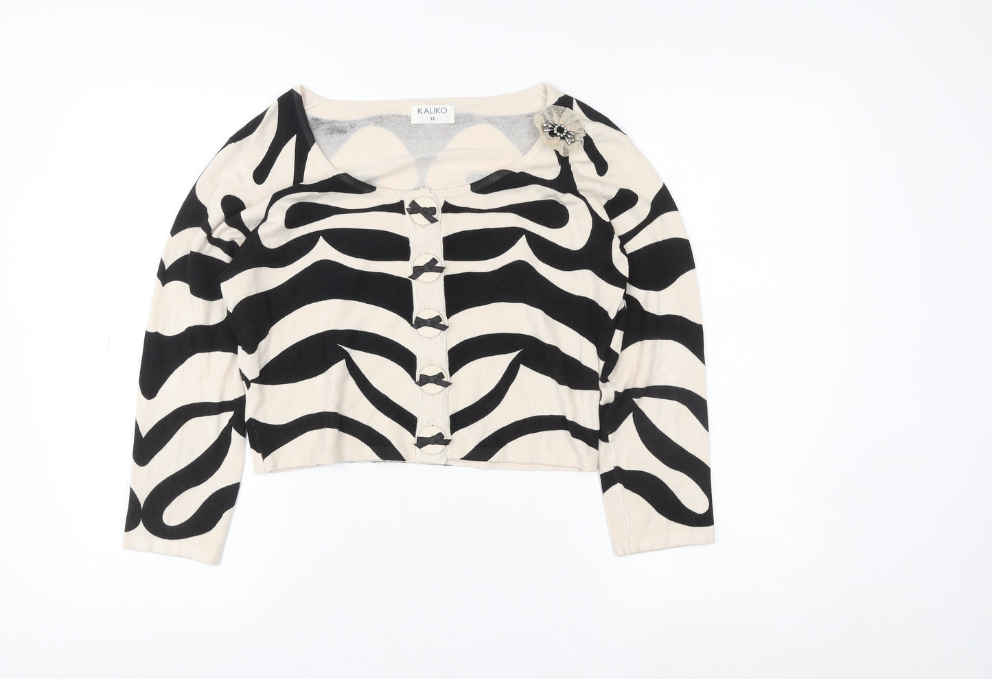 Kaliko Women Beige Black Zebra Print Cardigan Size 12 Scoop Neck