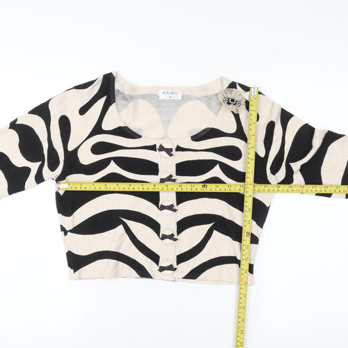 Kaliko Women Beige Black Zebra Print Cardigan Size 12 Scoop Neck
