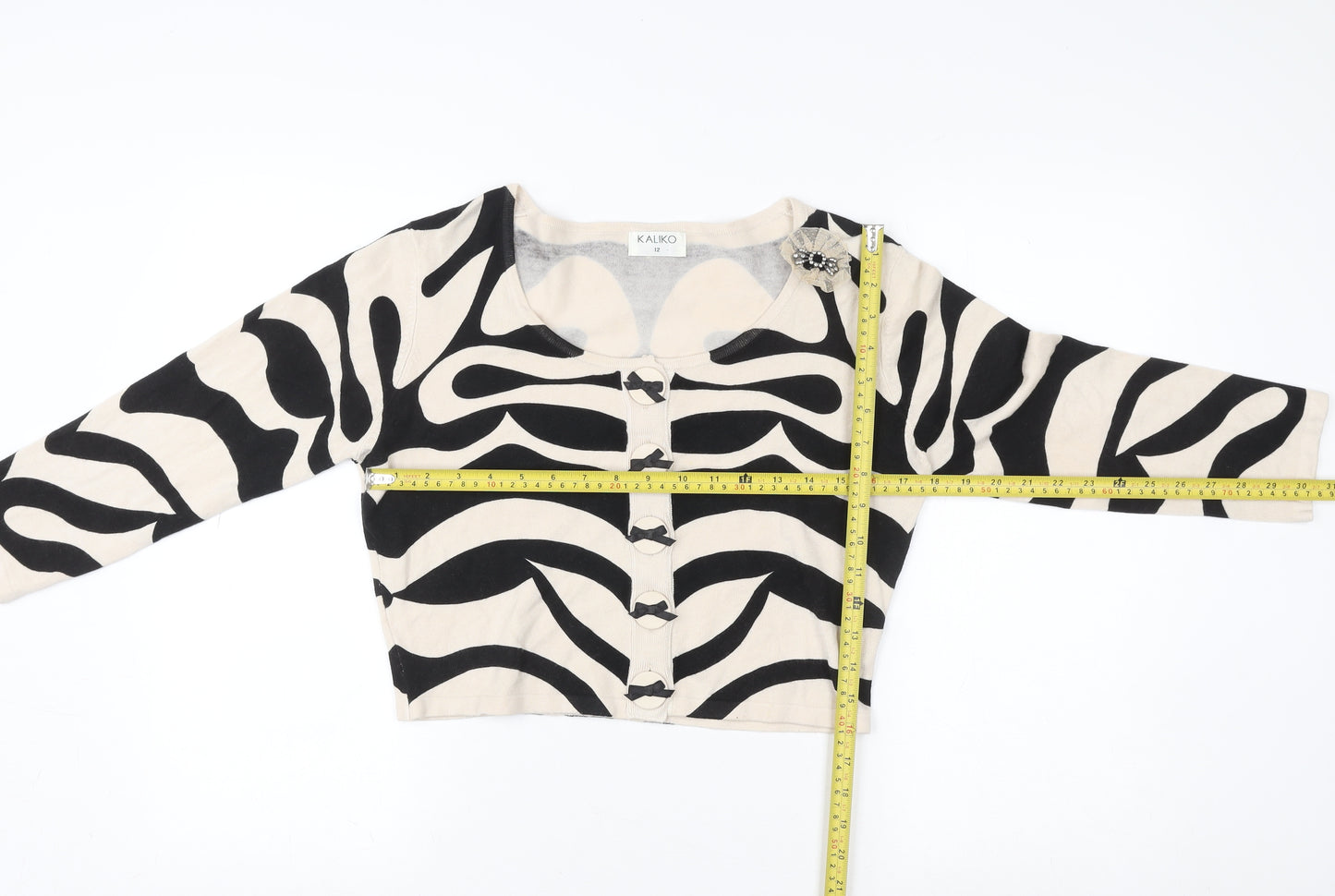 Kaliko Women Beige Black Zebra Print Cardigan Size 12 Scoop Neck