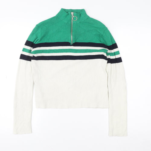 Urban Outfitters Women Green White Stripe 1/4 Zip Sweatshirt M