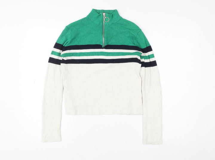Urban Outfitters Women Green White Stripe 1/4 Zip Sweatshirt M