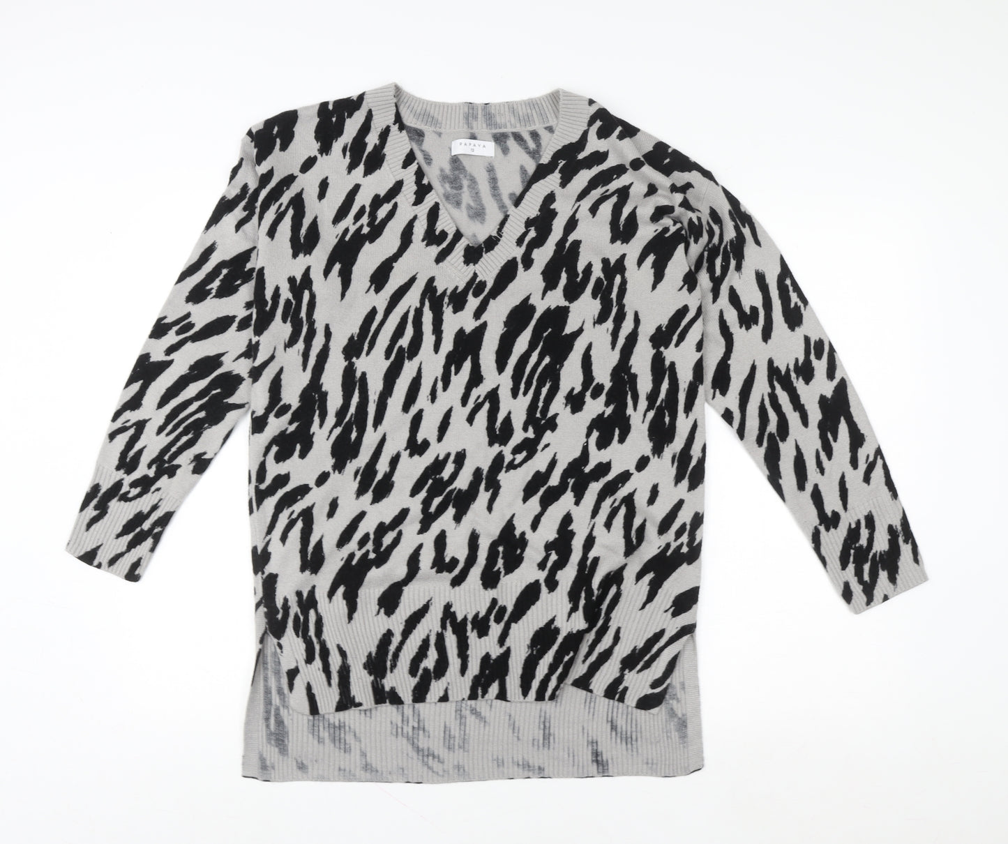 Papaya Women’s Grey Animal Print Long Sleeve V-Neck Tunic Sweatshirt Size 12