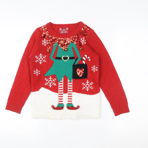 F&F Girls Red Christmas Elf Sequin Jumper - Size 6 Years Festive Knitwear