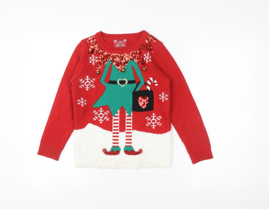 F&F Girls Red Christmas Elf Sequin Jumper - Size 6 Years Festive Knitwear