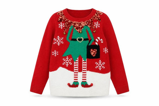 Front view of F&F girls’ red christmas elf sequin jumper -, size 6, years festive knitwear