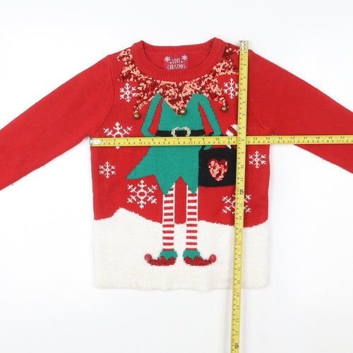 F&F Girls Red Christmas Elf Sequin Jumper - Size 6 Years Festive Knitwear
