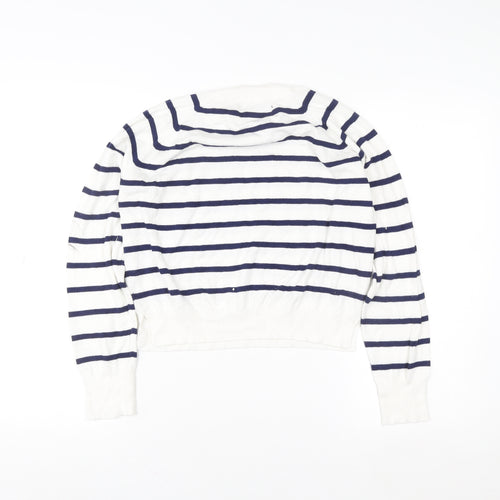 French Connection Women White Blue Striped Pullover Sweatshirt M