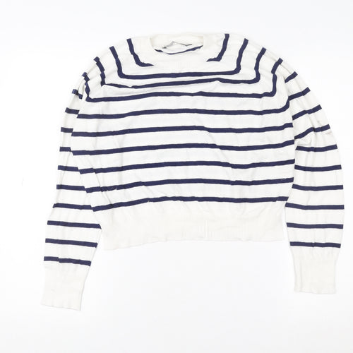 French Connection Women White Blue Striped Pullover Sweatshirt M