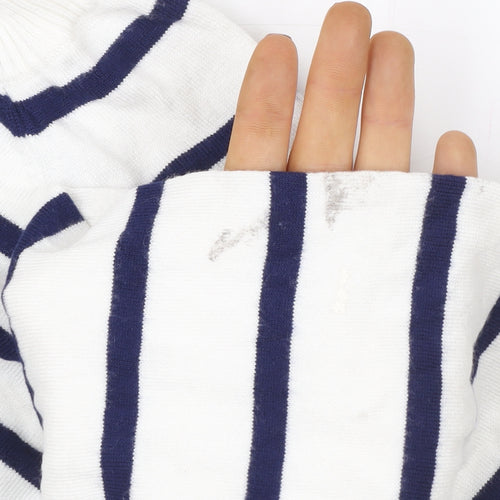 French Connection Women White Blue Striped Pullover Sweatshirt M
