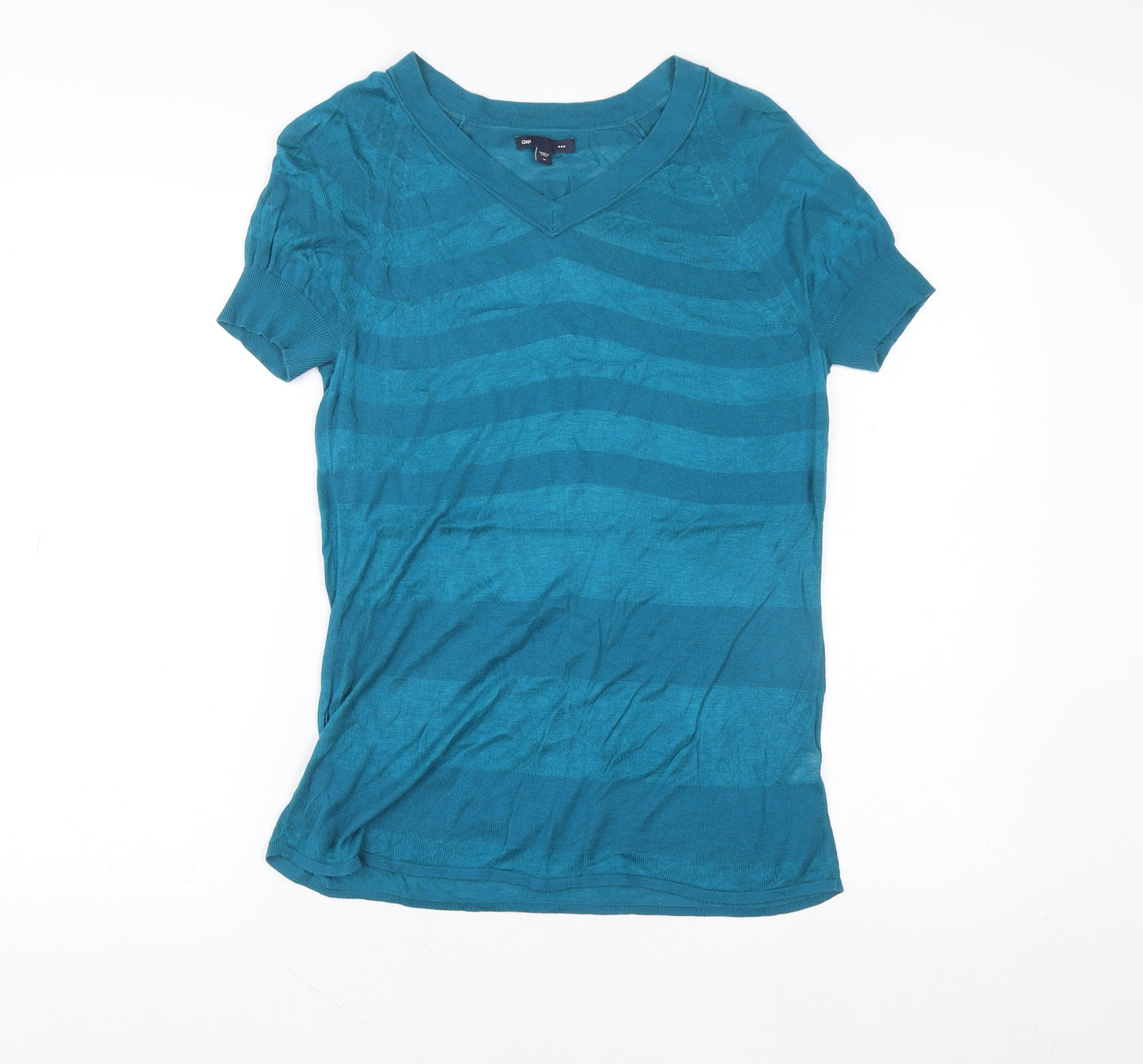 Gap Women's Blue Striped V-Neck Short Sleeve Knit T-Shirt Size M