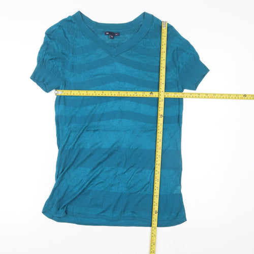 Gap Women's Blue Striped V-Neck Short Sleeve Knit T-Shirt Size M