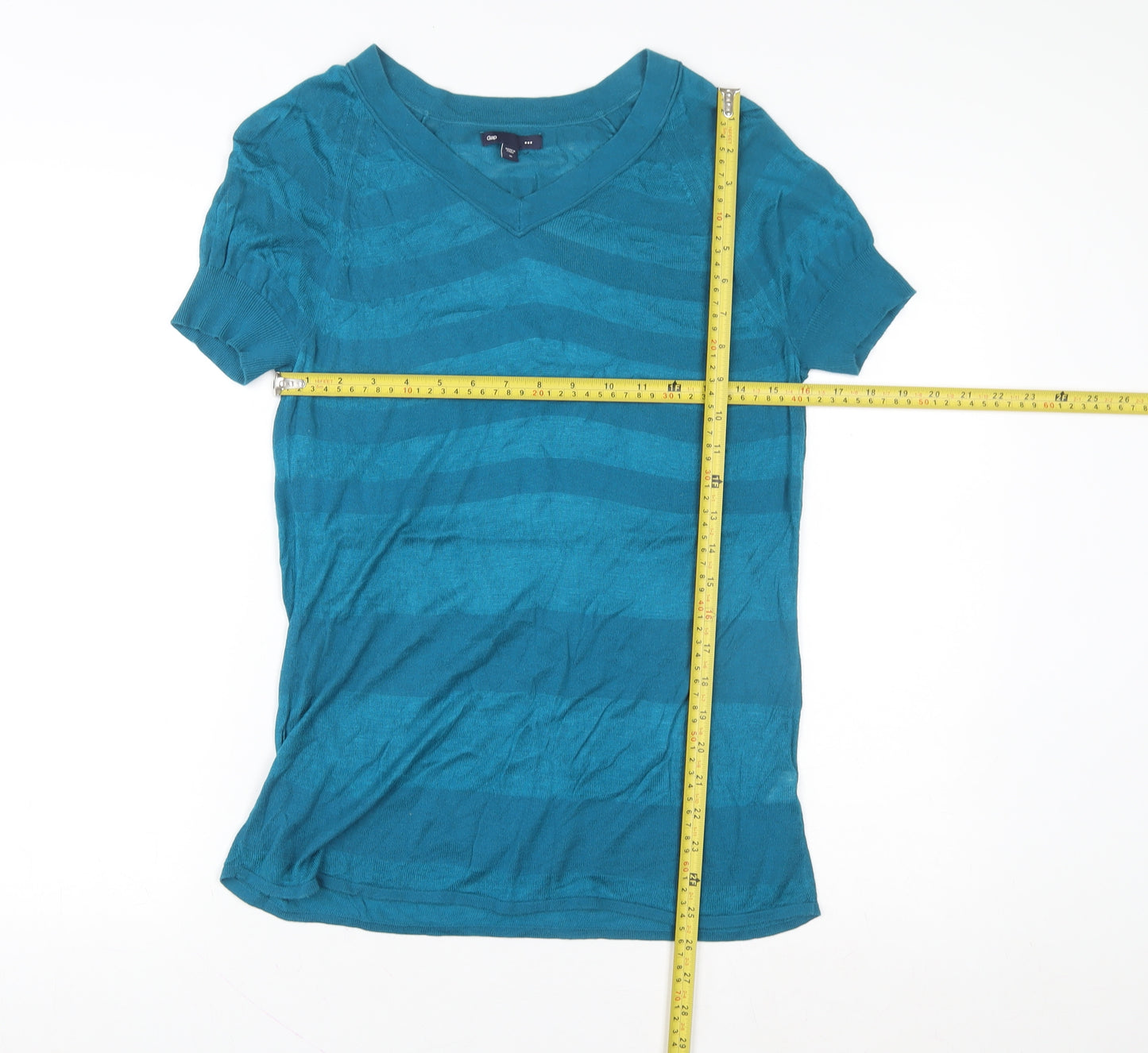 Gap Women's Blue Striped V-Neck Short Sleeve Knit T-Shirt Size M