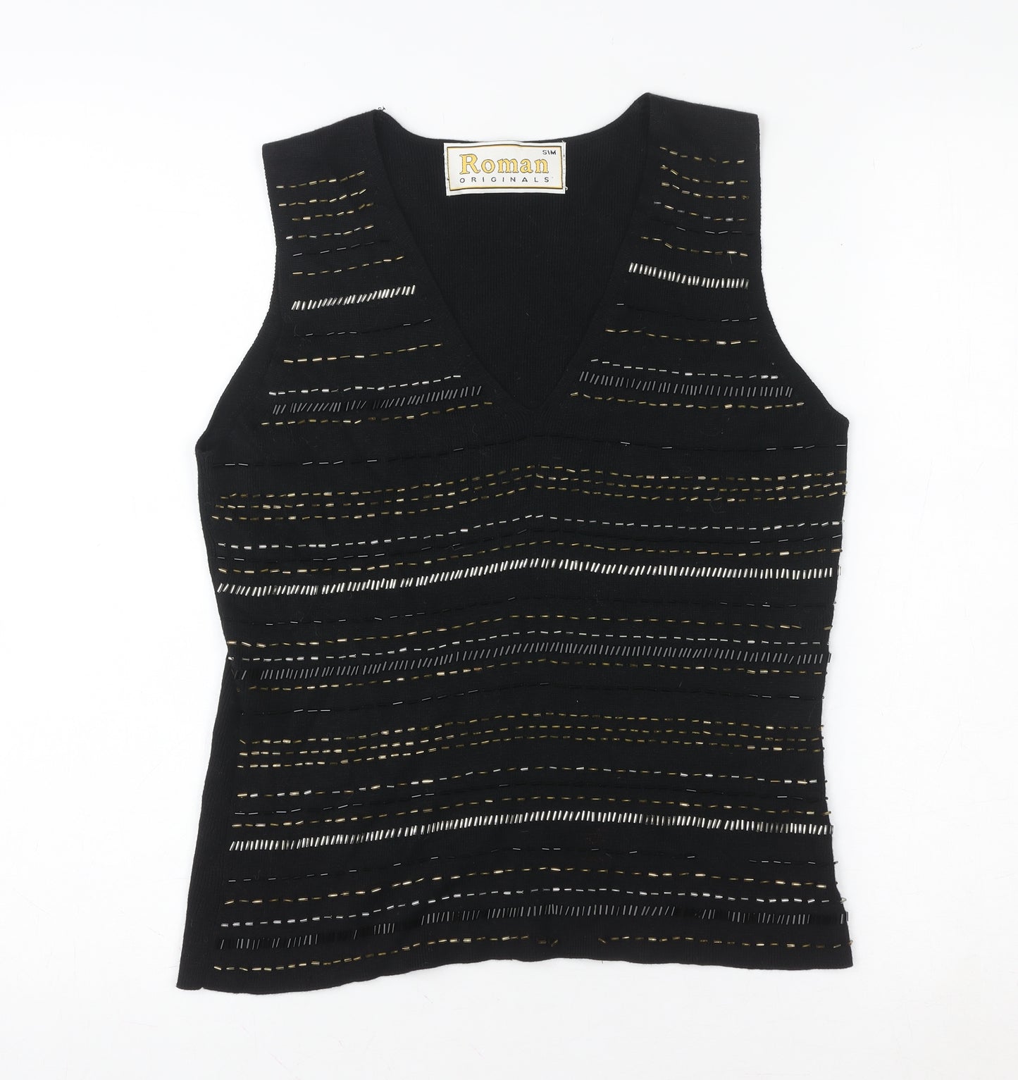 Roman Originals Womens Black Beaded Knit V-Neck Tank Top S