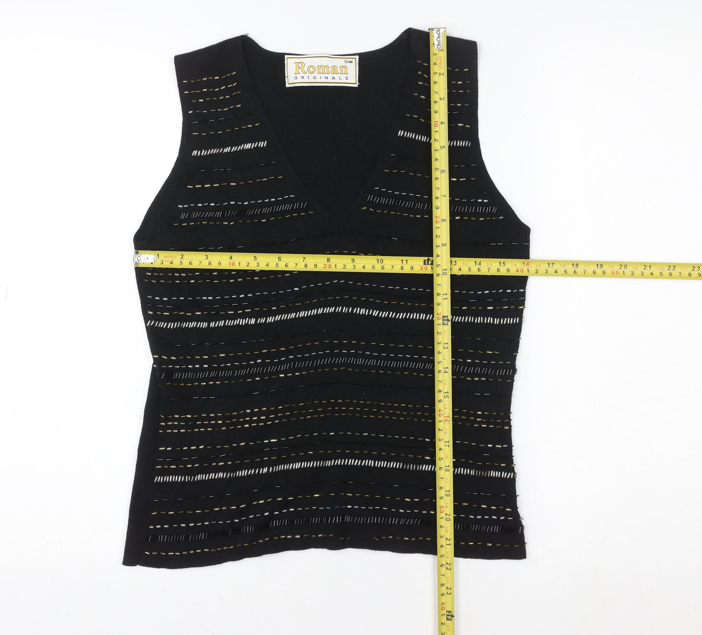 Roman Originals Womens Black Beaded Knit V-Neck Tank Top S