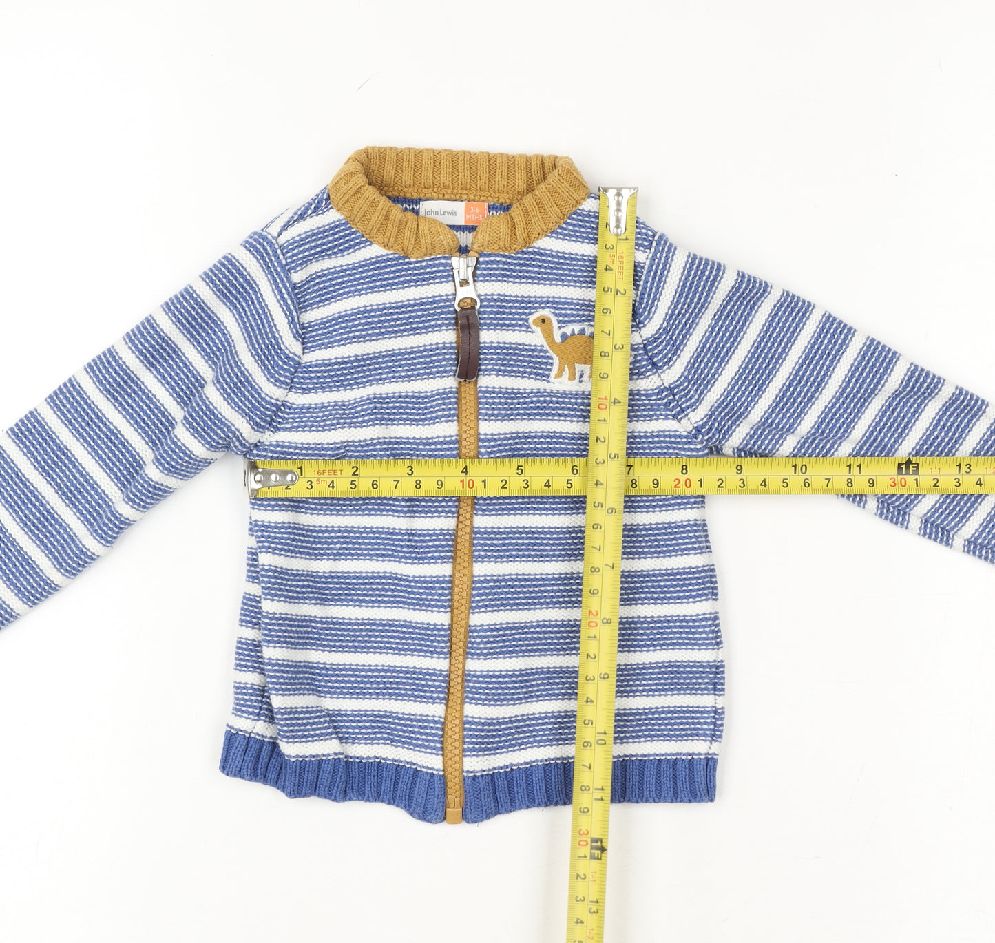 John Lewis Blue Striped Dinosaur Full Zip Cotton Baby Jumper 3-6 Months