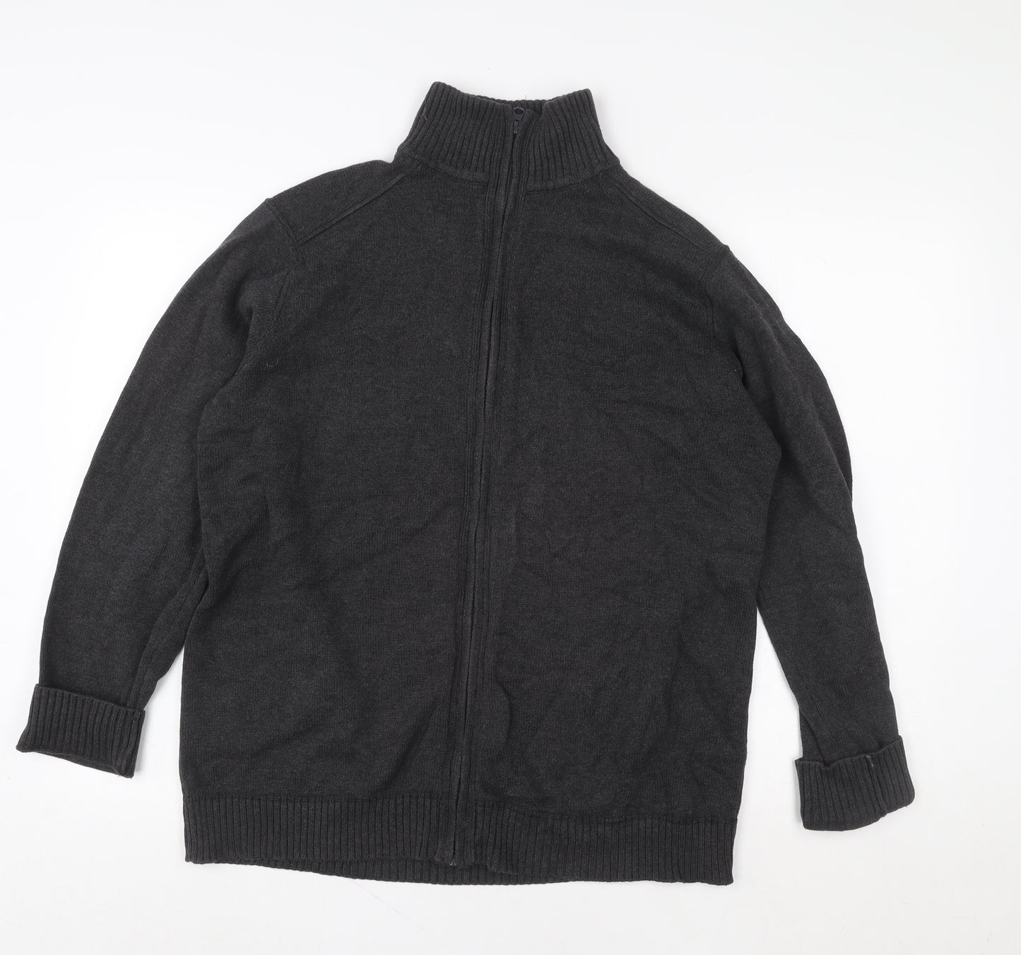 TU Men's Grey Full Zip Knit Sweatshirt L High Neck Regular Fit