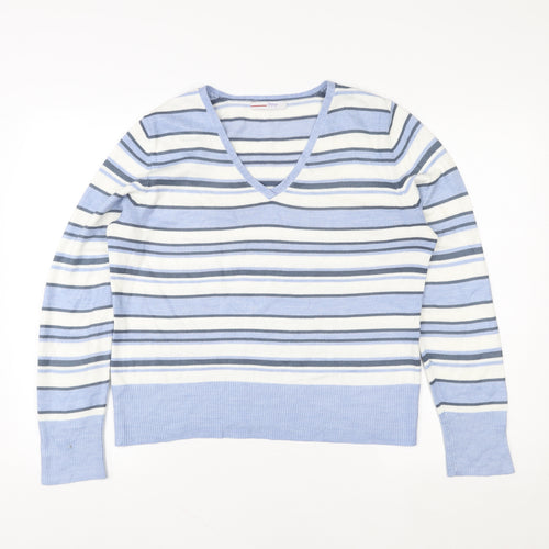 Papaya Women's Blue Striped V-Neck Pullover Sweater Size 16