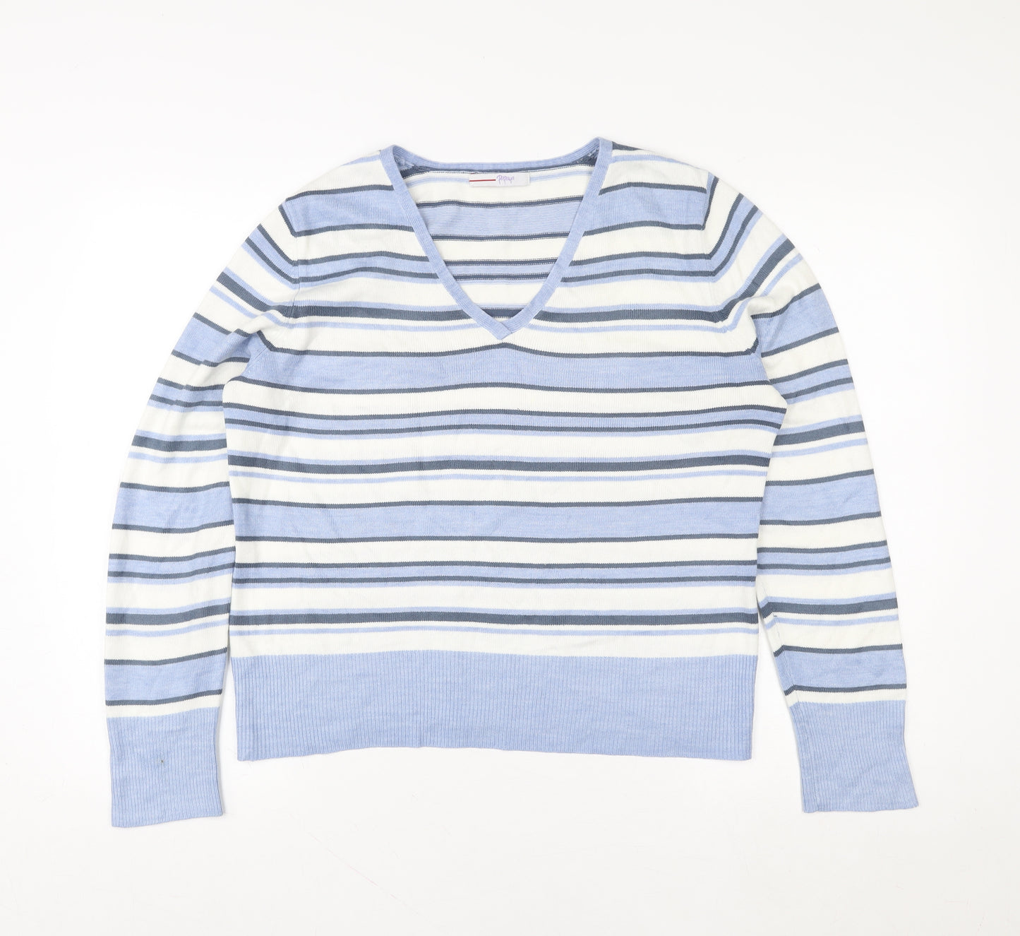 Papaya Women's Blue Striped V-Neck Pullover Sweater Size 16