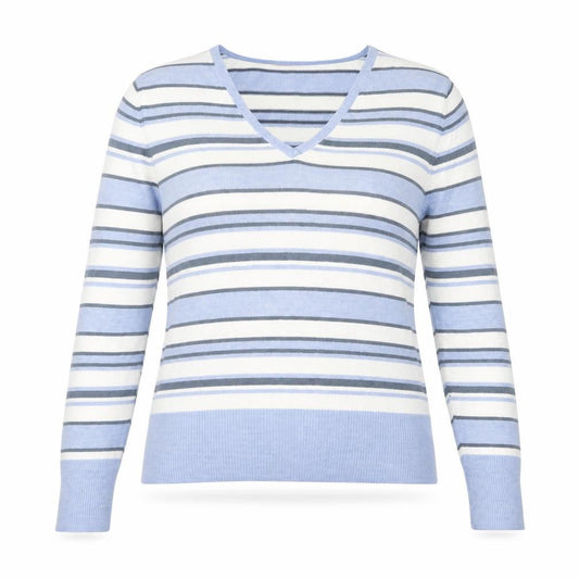 Front view of Papaya Women's Blue Striped V-Neck Pullover Sweater, size 16