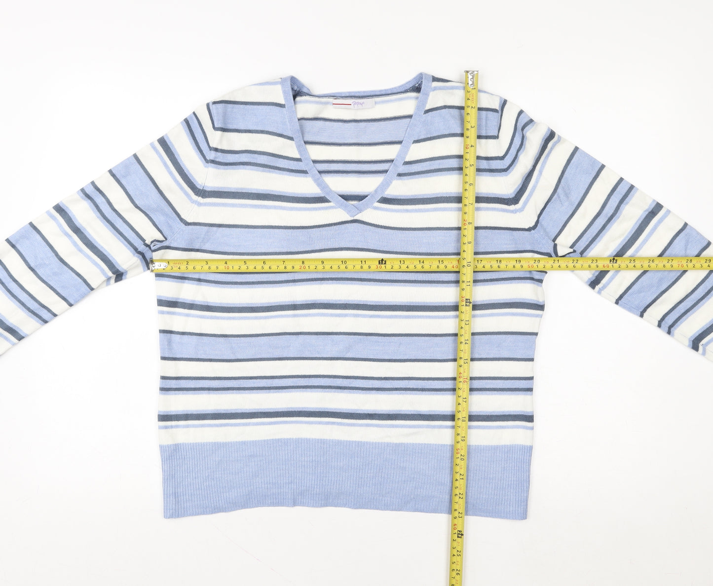 Papaya Women's Blue Striped V-Neck Pullover Sweater Size 16