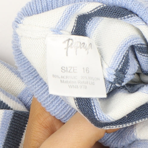 Papaya Women's Blue Striped V-Neck Pullover Sweater Size 16