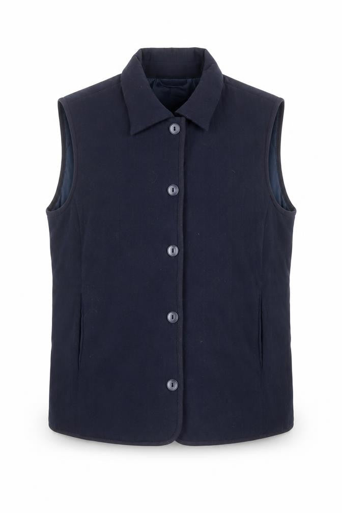 Front view of EWM Women's Blue Lined Button Waistcoat Bodywarmer, size M