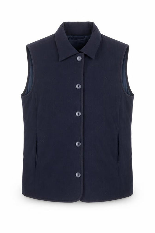 Front view of EWM Women's Blue Lined Button Waistcoat Bodywarmer, size M