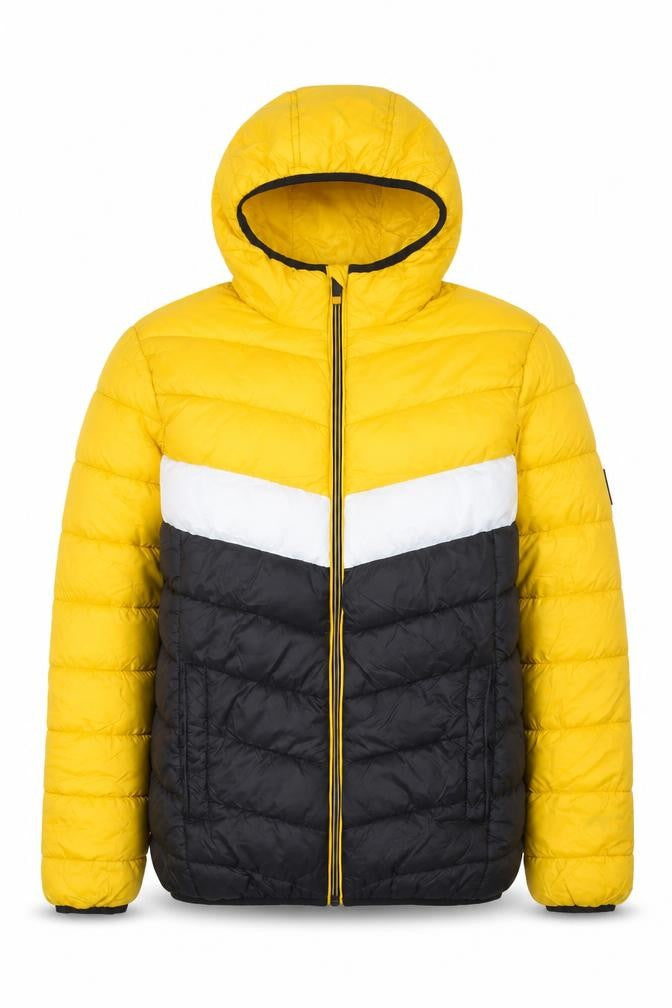Front view of UNLIMTD POTENTIAL Women's Yellow Puffer Jacket, size 12, Hooded Winter Coat