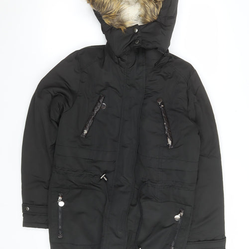 Z Design Women's Black Padded Parka Jacket with Faux Fur Hood Size S