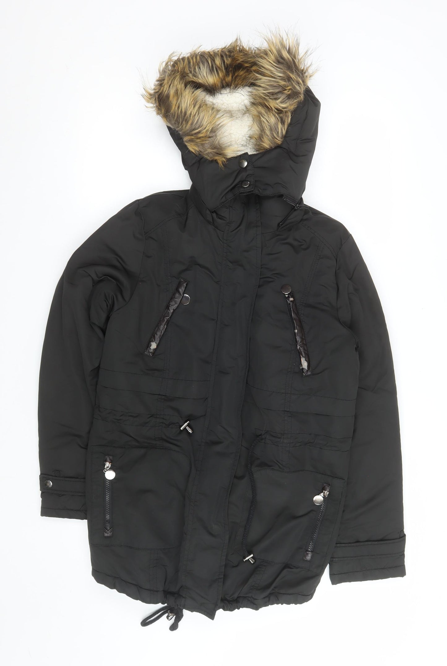 Z Design Women's Black Padded Parka Jacket with Faux Fur Hood Size S