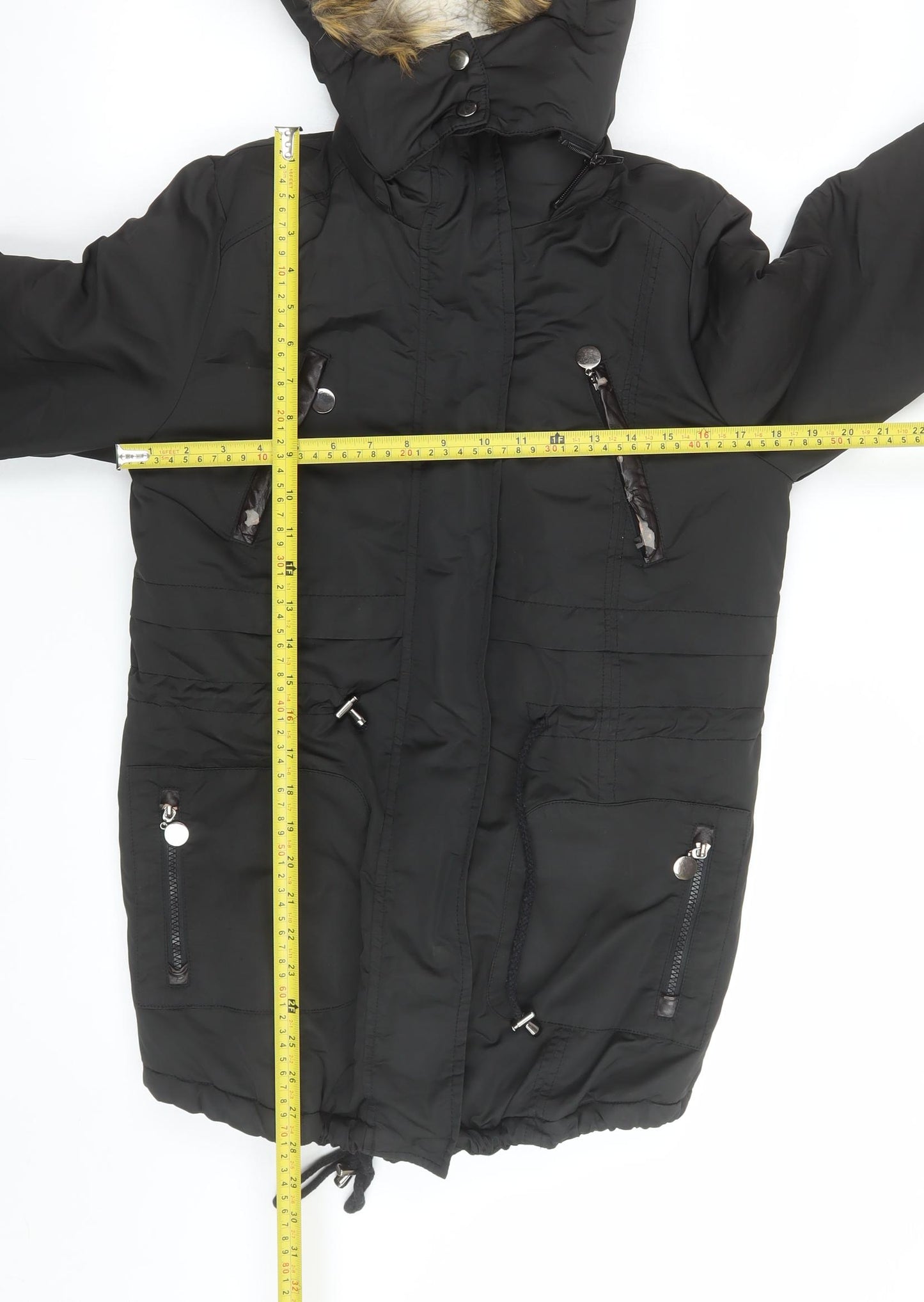 Z Design Women's Black Padded Parka Jacket with Faux Fur Hood Size S