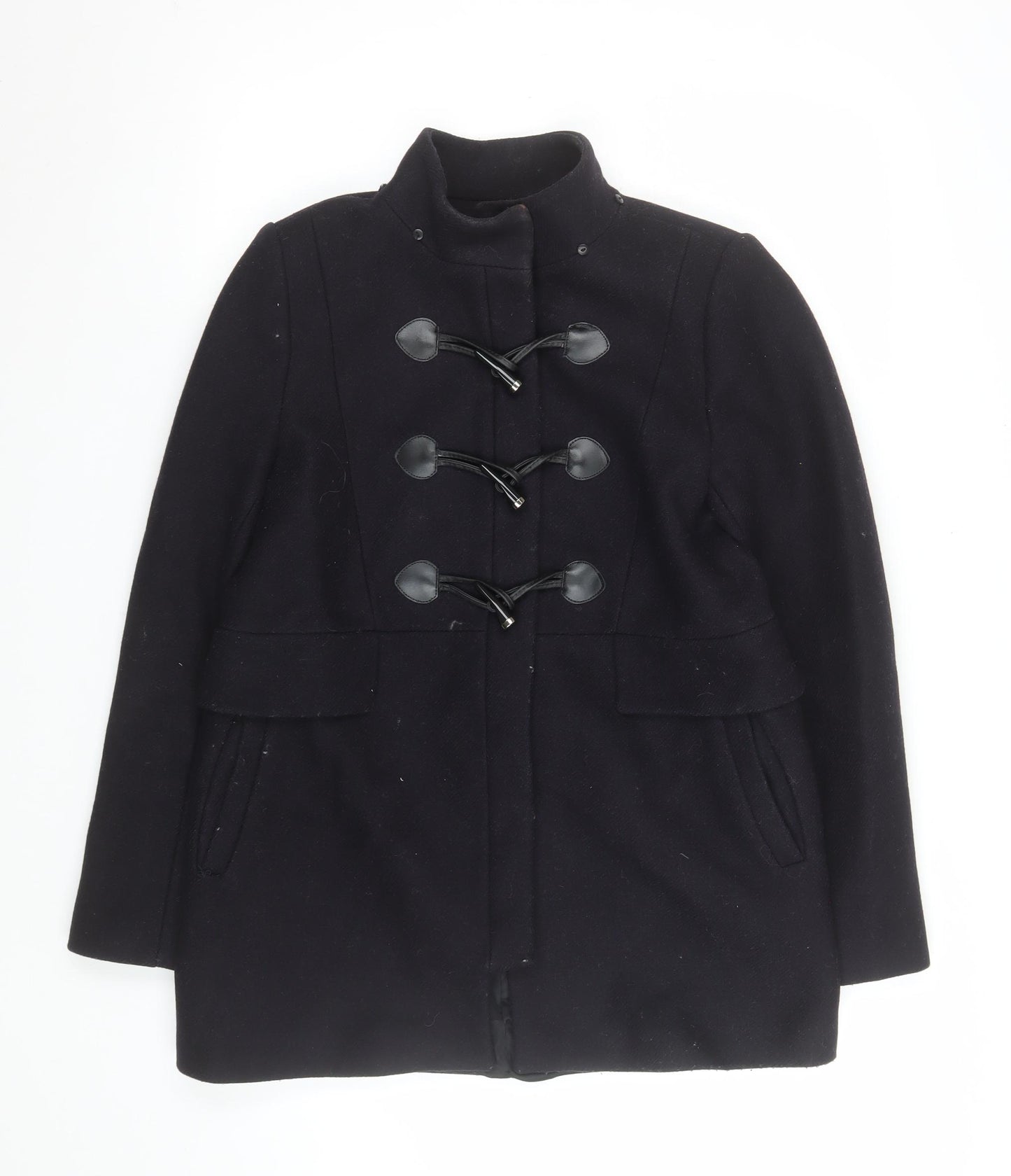 Zara Woman Black Toggle Duffle Coat Women Size 12 Wool Look